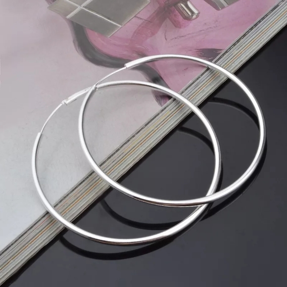 NEW Classic Large Circular 925 Silver Polished Hoop Earrings - Picture 7 of 13